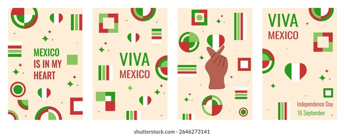Viva Mexico poster set. Vector illustration posters with modern Geometric shape hand and heart in color of Mexican flag. Holiday greeting card cover template design. EPS 10