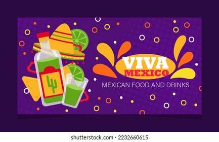 Viva mexico poster with tequila illustration. Vector promotion banner with national mexican drink and food.