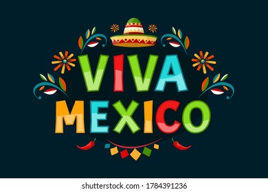 Viva Mexico Poster. Traditioneller Urlaub. Blumenstickerei-Ornament. Banner mit Sombrero und Kühlschränken. Vektorgrafik  