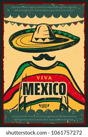 Viva Mexico retro poster for Cinco de Mayo holiday celebration. Mexican fiesta party sombrero hat, mustache and poncho festive banner, decorated with bunting in colors of mexican flag