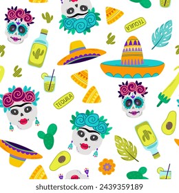 Viva Mexico seamless pattern. Cinco de Mayo. Skull, sombrero, tequila, cactus