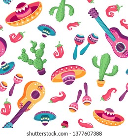 Viva Mexico seamless pattern. Mexican culture symbols on black background. Guitar, sombrero, maracas, cactus and jalapeno in tiled design.