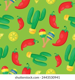 Viva Mexico seamless pattern. Mexican culture symbols. Maracas, cactus, lemon and jalapeno in tiled backdrop design.