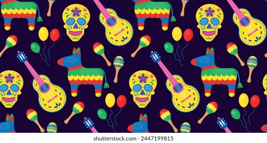 Viva Mexico seamless pattern. Mexican culture symbols on black background. Guitar, sombrero, maracas, cactus and jalapeno in tiled backdrop design.