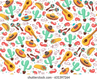 Viva Mexico seamless pattern. Mexican culture symbols on black background. Guitar, sombrero, maracas, cactus and jalapeno in tiled backdrop design.