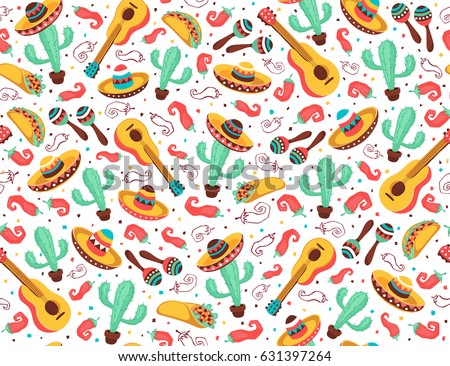 Viva Mexico seamless pattern. Mexican culture symbols on black background. Guitar, sombrero, maracas, cactus and jalapeno in tiled backdrop design.