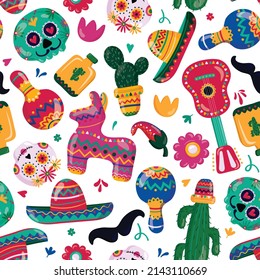 Viva Mexico seamless pattern on white background. Cinco de Mayo is a Mexican holiday. Symbols of Mexican culture. Guitar, sombrero, maracas, cactus and jalapeno, pi ata. Vector illustration.