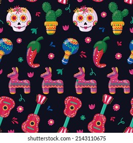 Viva Mexico seamless pattern on dark background. Cinco de Mayo is a Mexican holiday. Symbols of Mexican culture. Guitar, sombrero, maracas, cactus and jalapeno, pi ata. Vector illustration.