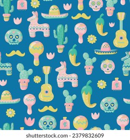 Viva Mexico seamless pattern on dark background. Cinco de Mayo is a Mexican holiday. Symbols of Mexican culture. Guitar, sombrero, maracas, cactus and jalapeno, pi ata. Vector illustration.