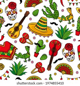 Viva Mexico seamless pattern with symbols of Mexican culture on a white background. Guitar, sombrero, maracas, cactus and skull colorful vector background.