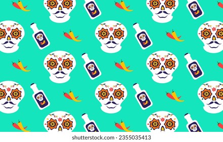 Viva Mexico. Seamless pattern tequila and peppers.