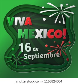 Viva Mexico! September 16. Mexican Independence Day. Greeting card design concept in a paper art style.