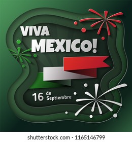 Viva Mexico! September 16th. Mexican Independence Day. Greeting card design concept in a paper art style.