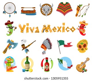 Viva Mexico set of emblems in cartoon style.