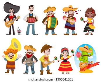Viva Mexico set of funny characters in cartoon style.