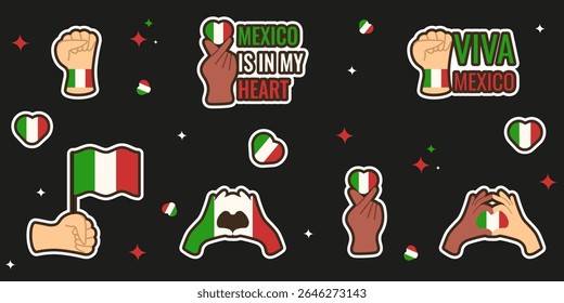 Viva Mexico. Set Viva Mexico stickers isolated black backgorund. Vector illustration of hands with heart and mexican flag. Perfect holiday Sticker pack scrapbook patch design. EPS 10 