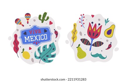 Viva Mexico. Set of traditional Mexican symbols cartoon vector illustration