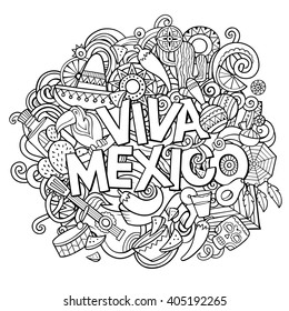 Viva Mexico sketchy outline festive background. Cartoon vector hand drawn Doodle illustration. Line art detailed design with objects and symbols. All objects are separated