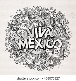 Viva Mexico sketchy outline festive background. Cartoon vector hand drawn Doodle illustration. Line art detailed design with objects and symbols. All objects are separated