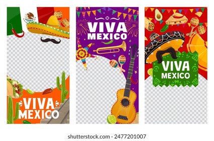 Viva Mexico social media banners templates with mexican holiday round frames. Vector fiesta guitar, maracas and sombrero hats, Mexico flag, cactus and chili, taco, burrito and pinata cartoon banners