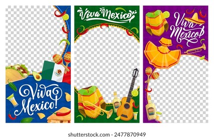 Viva Mexico social media template banners with frames, vector mexican holidays. Cartoon sombrero, guitar and maracas, flag of Mexico, tequila and chili, tex mex food and poncho web poster layout