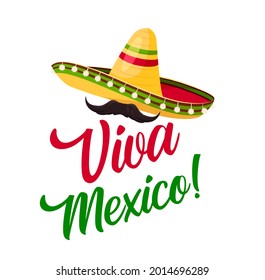 Viva Mexiko, sombrero mit Schnurrbart Vektorsymbol für mexikanische Fest-Party. Urlaub in Mexiko oder traditionelle Karnevalsfeier Viva-Zeichen mit Schnurrbart und Sombrero mit Flaggenverzierung