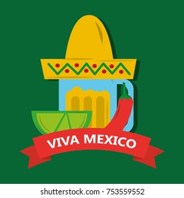 viva mexico tequila lemon and hat mexican chili pepper banner vector illustration