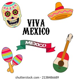 Viva Mexico text, Cinco de mayo celebration symbols. Skull, Maracas, Guitar, Sombrero icons. Independence day vector illustration.