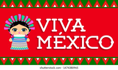 Viva Mexico, traditional Mexican phrase and Doll vector illustration