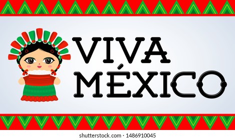 Viva Mexico, traditional Mexican phrase and Doll vector illustration
