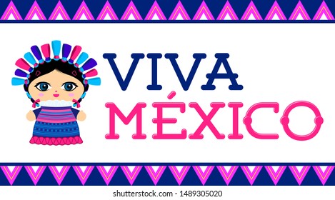 Viva Mexico, traditional Mexican phrase and Doll vector illustration