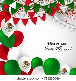 Viva Mexico, traditional mexican phrase holiday with balloons in national flag colors. vector illustration