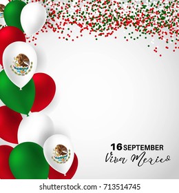 Viva Mexico, traditional mexican phrase holiday with balloons in national flag colors. vector illustration