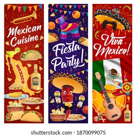 Viva Mexico Vektorbanner mit mexikanischem Fest-Party-Futter und Chilischoten-Charakter. Sombrero Hüte, Mexiko-Flagge und Karte, Maracas, Gitarre, Pinata und Tequila, Tacos, Burritos, Jalapeno und quesadilla