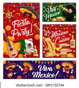 Viva Mexico vector banners with Mexican holiday sombrero, musicians and fiesta party food. Cinco de Mayo maracas, mariachi hats and guitar, pepper characters, Mexico flag and map, pinata and tequila