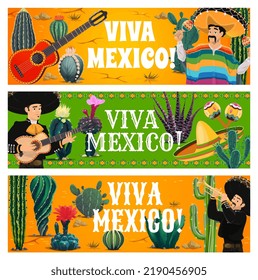 Viva Mexico Vektorbanner von mexikanischen Mariachi-Musikern, Musikinstrumenten und Kakteen. Cartoon mexikanische Männer mit Sombrero-Hüten, Maracas, Gitarre und Trompete, sukkulente Wüstenpflanzen und Blumen