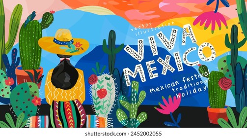 Viva Mexico. Vector cute abstract illustration of Mexican nature,  Woman in sombrero hat, cactus for Cinco de Mayo holiday greeting card, banner or background