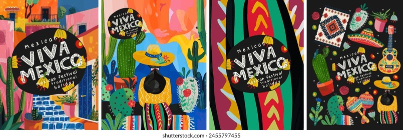 Viva México. Vector lindo ilustración abstracta de la calle de México en Ciudad de México, mujer en sombrero, cactus, patrón tradicional o adorno para tarjeta de felicitación de Cinco de Mayo, cartel o fondo