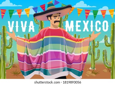 Viva el diseño vectorial mexicano del caricaturista mexicano con sombrero mexicano, bigote, mono, cactús y guirnaldas festivas con banderas. Fiesta de fiestas y tarjetas de felicitación de festivales mexicanos