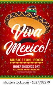 Viva Mexico Vektorflyer mit mexican sombrero, Schnurrbart und Konfetti. Feierlichkeiten zum Unabhängigkeitstag. Einladungs-Cartoon-Plakat für das Festival der traditionellen Musik und Speisen, lateinische Kultur Feiertag-Party