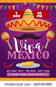 Viva Mexico vector flyer with mexican sombrero, mustaches and maracas. Flag garlands, red jalapeno and corn. Invitation for festival of traditional music and food, Mexico holiday party cartoon poster