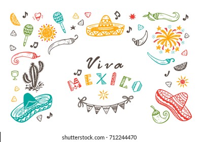 Viva Mexico Vector Greeting Card with Hand drawn doodle Sombrero, Cactus, Maracas, Sun, Pepper Chili, Nachos, Firework, Bunting Flags. Mexican holiday