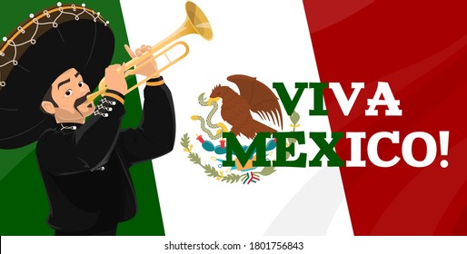 Viva Mexico, vector Mexican flag, Mexico coat of arms and mariachi musician with festive sombrero hat and trumpet. Mexican fiesta party celebration, music festival or national holiday greeting card