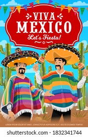 Viva Mexico vector poster with Mexican musicians music band. Cartoon characters playing maracas at desert with cacti and flag garlands. Mexican men in sombrero hat and poncho at cinco de mayo festival