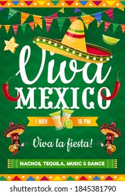 Viva Mexico Vektorposter mit mexikanischen Symbolen sombrero, Jalapeno Paprika Musiker mit Schnurrbart und Gitarren. Cartoon-Flyer mit Flaggengärten und Tequila, Einladung zu Live-Musik-Party oder Feiertag