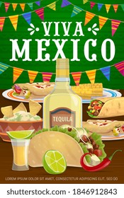 Viva Mexico vector poster with traditional mexican food enchiladas, tacos and burrito with nachos and guacamole, tequila, lime, chili and corn. Cartoon Mexican meals, viva la fiesta party celebration