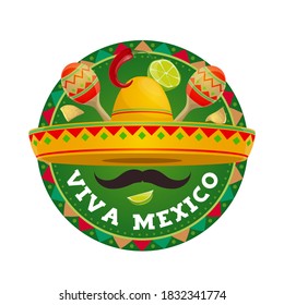 Viva Mexico vector round icon. Mexican sombrero with mustaches, lime pieces and nachos with maracas. Fiesta event cartoon isolated label in traditional colors for mexican event, culture symbols