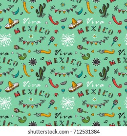 Viva Mexico Vector Seamless Pattern with Hand drawn doodle Sombrero, Cactus, Maracas, Sun, Pepper Chili, Nachos, Firework, Bunting Flags. Mexican holiday Background. Cinco de Mayo