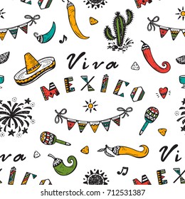 Viva Mexico Vector Seamless Pattern with Hand drawn doodle Sombrero, Cactus, Maracas, Sun, Pepper Chili, Nachos, Firework, Bunting Flags. Mexican holiday Background.  Cinco de Mayo