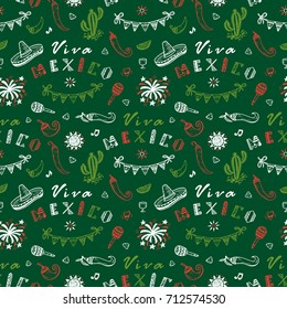 Viva Mexico Vector Seamless Pattern with Hand drawn doodle Sombrero, Cactus, Maracas, Sun, Pepper Chili, Nachos, Firework, Bunting Flags. Mexican holiday Background. Cinco de Mayo